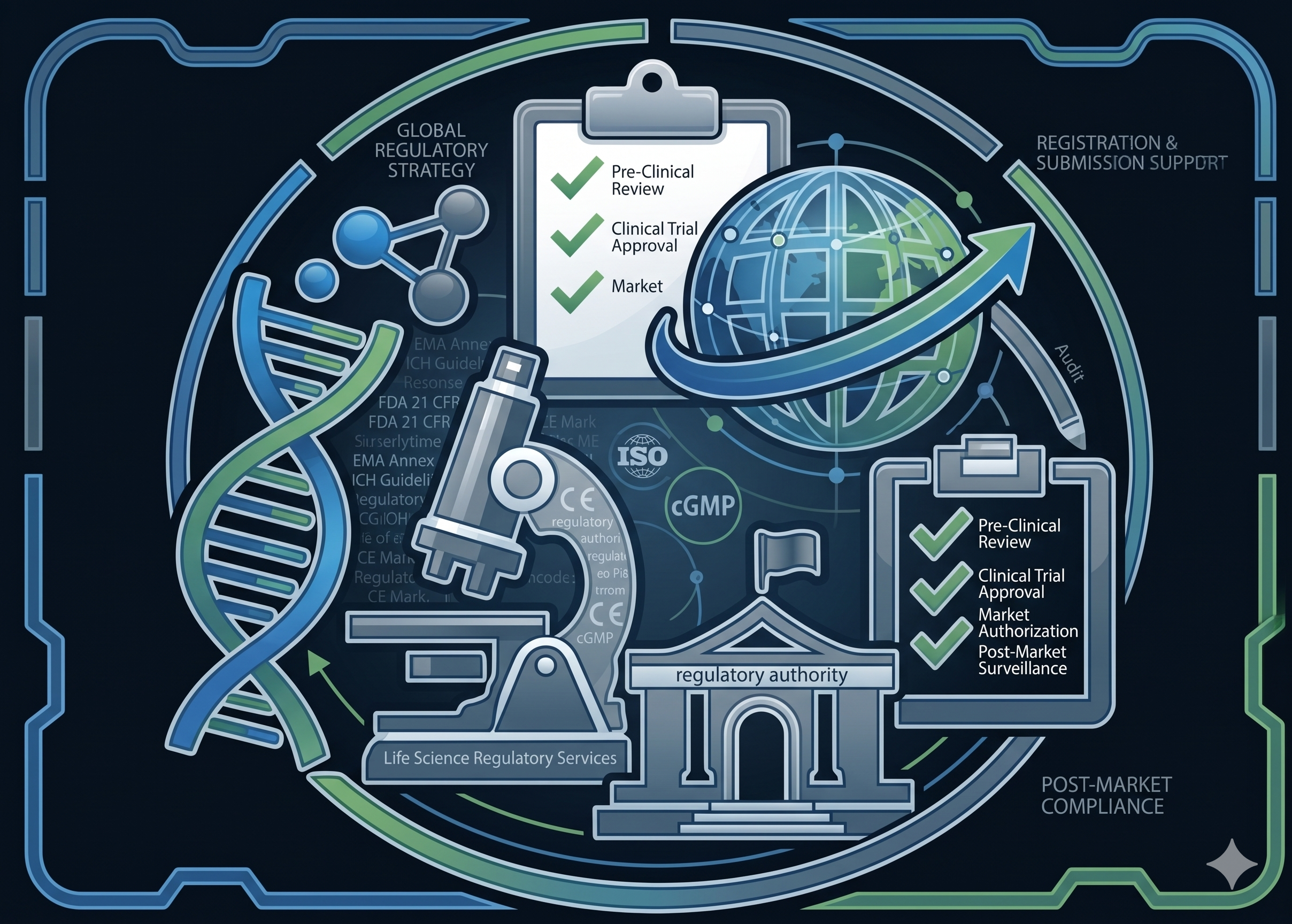 Global regulatory strategy and submission support — pre-clinical review, clinical trial approval, market authorisation, and post-market compliance